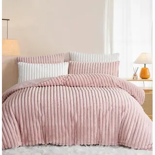 Winter Plüsch Bettwäsche 135x200 Rosa Warme Flauschig Flanell Kunstfell | ÖKO-TEX,Gestreift,Winterbettwäsche Allergiker,Teddy Cashmere Touch Biber Bettbezug 1 Kissenbezüge 80x80 mit Reißverschluss