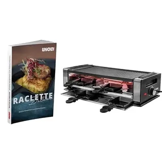 Unold 487309 Raclette Finesse Basic Raclette-Grill inkl. Raclette Rezeptbuch mit 50 Rezepten, für 8 Personen, wendbare Antihaft-Grillplatte, elektrischer Tischgrill, Edelstahl/Aluminium, 1200W