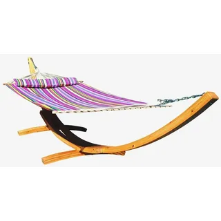 ALEOS. AS-S 410cm XXL Hängemattengestell Natur-Filled Edition PINK Hängematte mit Gestell aus Holz Lärche mit Stabhängematte (GEPOLSTERT) inkl. Kopfkissen