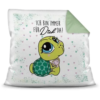 Print Royal Deko-Kissen Tiere mit liebem Spruch - Ich Bin Immer für Dich da - Schildkröte/Ich Liebe Dich/Geschenk für Freund, Freundin / 40x40 / Rückseite Seegrün inkl. Füllung
