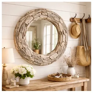 LebensWohnArt Wandspiegel Unikat Spiegel MOSAIK 60cm rund Treibholz grau-braun Massivholz