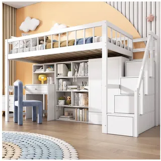 Flieks Hochbett Kinderbett Etagenbett mit Schreibtisch, Schrank, Stautreppe 90x200cm weiß