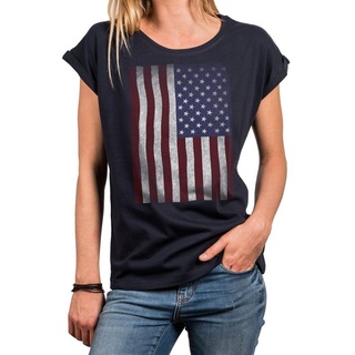 MAKAYA Print-Shirt Damen USA Flagge Vintage Amerika Fahne Tunika Top Sommer Oberteile (Kurzarm, schwarz, grau, blau) Baumwolle, große Größen blau XXL
