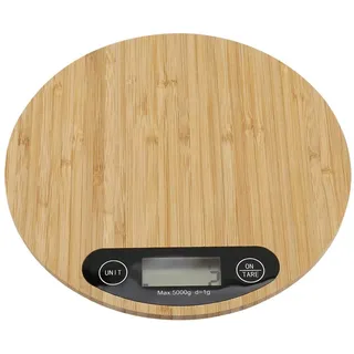 Küchenskala, 2 * AAA 5kg/1g Batterie Bambus Runde Elektrische Küchenwaage LED Anzeige, Digitale Küchenwaage für Kochküche (Ohne Batterie)