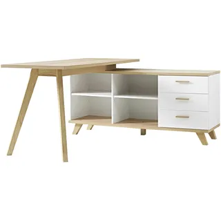bümö Schreibtisch snowoak mit integriertem Sideboard in Weiß/Eiche - Schreibtisch mit Regal, Bürotisch mit Stauraum für Ordner & Co. für Büro und