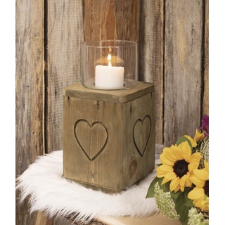 Dekoleidenschaft Windlicht "Herz", Windlichtsäule aus Holz in Blockform, 32 cm hoch, Holzsäule, Dekosäule mit Kerzenglas, Kerzensäule für Wohnzimmer Flur Schlafzimmer braun