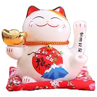 Mkuha Maneki Neko Winkekatze Glückskatze Glücksbringer Winkende Katze aus Porzellan, Keramisch Statuette für Zuhause Büro und Laden Dekoration, Weiß, 16x14x16cm/6.3x5.5x6.3inch, F