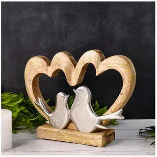 Marrakesch Orient & Mediterran Interior Dekoaufsteller Herz Amour Motiv 5 modern aus Holz und Aluminium 20 cm | Zwei Aluminiumvögel im handgearbeiteten Herzrahmen aus massivem Mangoholz symbolisieren Liebe und enge Zusammengehörigkeit.