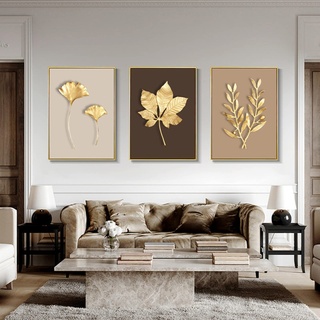HEHGVCF 3er Set Leinwand Poster Wandbilder,Modern Pflanzen Leinwand Poster,Gold Pflanzen Bild,Bilder für Home Deko Gold Rahmenlos (Gold B,50 x70cm)