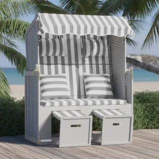 Strandkorb Mit Kissen Poly Rattan Und Massivholz Grau & Weiß