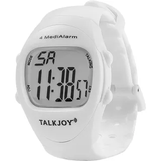 TalkJoy FRANZÖSISCH sprechende Armbanduhr mit 4 Alarmzeiten Wecker weiß, 4 Pillenwecker pro Tag