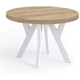 Runder Ausziehbarer Tisch für Esszimmer, PERO, Loft-Stil, Skandinavische, Durchmesser: 90 / 140 cm, Farbe: Sonoma / Weiss