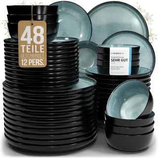 Steingut Geschirrset 12 Pers. Ibiza 48-tlg Hochwertiges Mediterranes Steingut Geschirr Set - Schüssel- und Teller Set - Tafelservice 12 Personen Geschirrsets Pure Living in Petrol