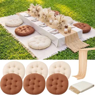 Frienda Extra große Outdoor-Tagesdecke im Boho-Stil, mit Kamel-Tischläufer und 6 braunen Bodenkissen für Picknick, Party, Camping, Hochzeit, Junggesellinnenabschied, 230 x 180 cm