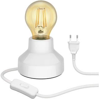 ledscom.de E27 Porzellan Tischlampe TIX, rund mit Stecker und Schalter, weiß, 90mm inkl. E27 Lampe 471lm Gold Vintage extra-warm-weiß