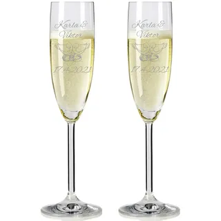 laser-diele 2 Leonardo Sektgläser mit Gravur - Geschenk zur Hochzeit - Graviert mit Namen und Datum - Sekt Tauben und Ringe