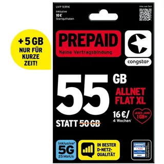 Congstar Prepaid ALLNET XL SIM-Karte ohne Vertrag I 50 GB Prepaid-Paket