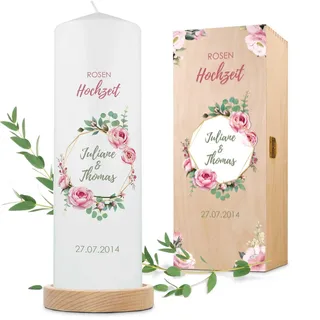 GRAVURZEILE Bedruckte Kerze - Rosenhochzeit Design - Personalisiert mit Namen, Datum & Wunschtext - Geschenk für Paare zu 10 Jahre Rosen Hochzeit - Hochzeitskerze Stumpenkerze 250/80 mm - Weiß