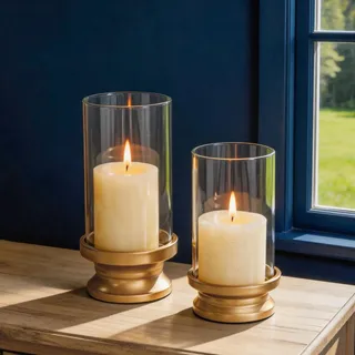 NUPTIO Windlicht Kerzenständer Gold Deko: 2er Set Wohnzimmer Glas Kerzenhalter Stumpenkerzen Vintage Windlichter Glaszylinder Modern Metall Stumpenkerzenhalter Laterne Weihnachten Hochzeit Tischdeko