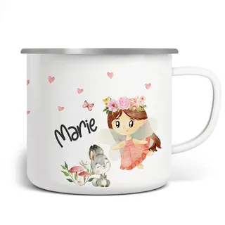 MIKALINO Emaille Tasse Mädchen - Trinkbecher Kinder personalisiert - Emaille Becher mit Fee-Motiv - Kindertasse mit Namen - Kindertasse bedruckt - Emaille Becher Weiß