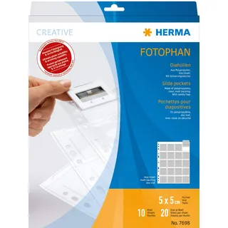 HERMA 7698 Diahüllen für gerahmte Dias, 10 Stück, 5x5 cm, 20 Fächer geteilt, klar/matt, beidseitig sichtbar, Fotophan Fotosichthüllen Sammelhüllen mit Eurolochung zur Dia-Archivierung, transparent
