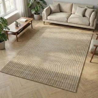 Carpetsale24 Kurzflor Teppich 280x370 cm XXL Beige Wohnzimmer, Schlafzimmer, Küche, 3D Hoch-Tief-Effekt, Skandinavisch Boho Motiv, für Outdoor Bereich geeignet Terrassen oder im Balkon