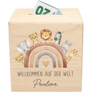Geldgeschenk zur Geburt personalisiertes Geschenk Baby Spardose aus Holz Babygeschenk für Jungen & Mädchen Geburtsgeschenk (Safari)