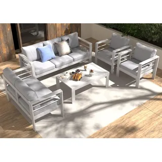MeXo Gartenmöbelset, Loungeset Aluminium für 6-7 Personen mit Kissen und Couchtisch Indoor Outdoor Balkon weiß (Sitzgruppe, Aluminiumrahmen) - Weiß