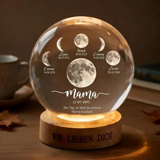 VEELU Personalisierte Glaskugel mit LED-Licht Holzsockel 3D Kristallkugel mit Name & Jahre Kugel Personalisiert Muttertagsgeschenk Vatertagsgeschenk Geburtstag Mond Geschenk für Mama, Papa (Stil 8)