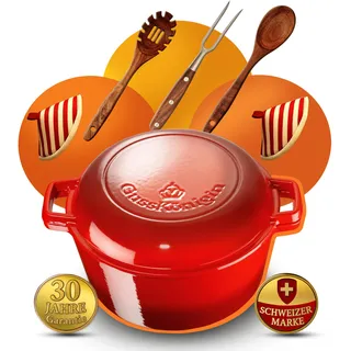 GUSSKÖNIGIN Gusseisen Topf 26 cm 2in1, Bräter mit Deckel, Dutch Oven 4,5 L | Emailliertes Gusseisen, 2in1 Bräter mit Deckel, Dutch Oven für Induktion, Brot backen, Zubehör und Rezeptbuch inklusive