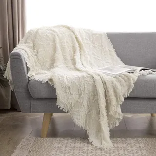 Wohndecke 117 x 152 cm, 100 Prozent Baumwolle, gestrickt mit Quasten, für Sofa