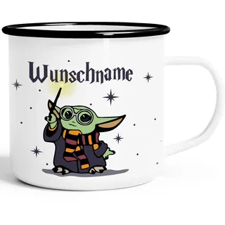 MoonWorks® Emaille-Tasse Baby-Yoda personalisierte Geschenke Wunschname Geburtstag Weihnachten Emaille-weiss-schwarz standard
