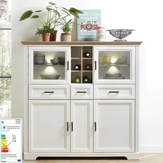 Lomadox Großes Landhaus Highboard in Pinie hell Nb. und Deckplatte in Artisan Eiche Nb. inkl. LED