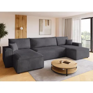 BROMARKT Ecksofa mit Schlaffunktion Cord Grau Wohnlandschaft u Form Big Sofa Schlafsofa mit Bettkasten Schlafcouch Wohnzimmer Couch 5 sitzer 312x143x85 cm ADI
