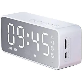 ASHATA Wecker mit Bluetooth Lautsprecher und UKW Radio, Digitaler Radiowecker Spiegeluhr, Dual Alarme, LED Anzeige, Bluetooth 5.0, Unterstützt SD Karte, für Schlafzimmer, Büro(Weiss)