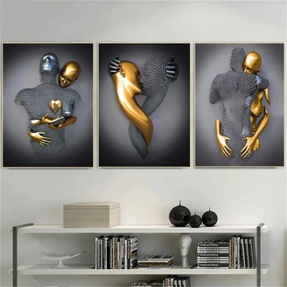 EXQULEG 3er Kunst Modern Poster Set - 3D Grau Gold Metallfigur Statue Kunst Liebe Herz Umarmungen Kuss Bilder Wandkunst Deko - Ohne Rahmen - Wanddeko Wand Wohnzimmer Wanddekoration Deko (40x50cm)