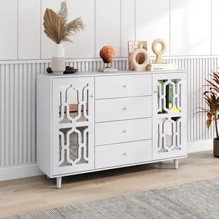 OLIVIBED Sideboard mit Spiegel, Küchenschrank mit 2 Türen und 4 Schubladen, Buffetschrank mit Kristallgriffen und Arbeitsplatte, Kommode für Küche, Wohnzimmer und Esszimmer, 147x40x102 cm, Weiß