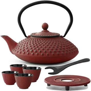 Bredemeijer Teekanne asiatisch Gusseisen Set 1.25 Liter - rote Gusskanne mit Henkel & Edelstahl Tee-Filter Sieb-Einsatz für losen Tee & 4 Teebecher (Tassen) & Untersetzer & Deckelheber