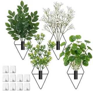Wanddeko Wohnzimmer, 4er Set Schwarze Geometrische Wandvasen aus Eisen mit 10 Selbstklebenden PP-Haken, Wandvase für Küche, Balkon und Badezimmer, Montage ohne Bohren, ohne Pflanzen