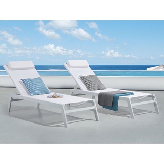 BELIANI Gartenliege Weiß Aluminium mit Stoffbespannung Kissen Verstellbares Kopfteil Modern Terrasse Ausstattung Relaxliege Sonnenliege Liegestuhl