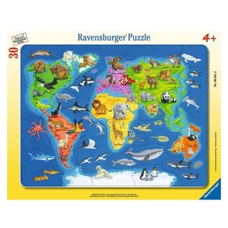 Ravensburger Puzzle 06641, Weltkarte mit Tieren, Rahmenpuzzle, ab 4 Jahre, 30 Teile