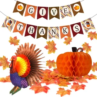 FEPITO Geben Dank Banner mit Papier Bunte Türkei Kürbis Künstliche Ahornblätter Dekoration Kit Insgesamt 203 STÜCKE für Herbst Herbst Party Thanksgiving Day Party Supplies Dekorationen
