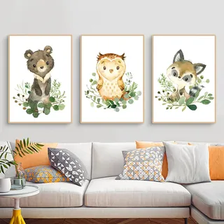 3er Set Poster Kinderzimmer, Waldtiere Bilder Babyzimmer Deko Junge Mädchen, Tiere Kinderposter Set Wandbilder Kinderbilder Ohne Bilderrahmen (B,30x40cm)