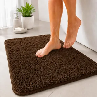 Floordirekt Badematte Sky - Badezimmerteppich - Weicher, dichter Hochflor - Rutschhemmend & Schnell trocknend - Geeignet für Fußbodenheizung - Eckig & Rund (50 x 60 cm, Braun)