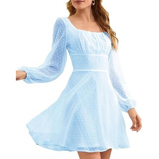 Orient Phoenix A-Linien-Kleid Damen Polka Dots Square Neck A-Linien-Kleid aus Chiffon Laternenärmeln Langärmliges Minikleid mit Punkten elegantes Volantkleid blau M