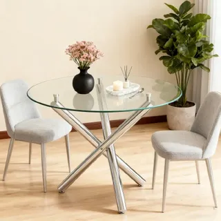 EXTSUD Esstisch Runder Esstisch Glas & Metall – Modern, 80×80×76 cm silberfarben