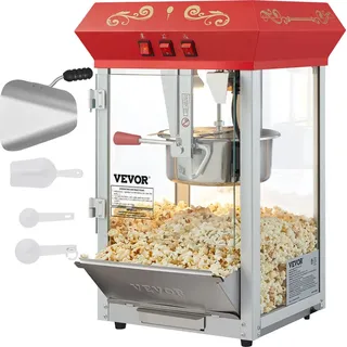 Vevor Popcornmaschine Popcornautomat Popcorngerät 850 W, 8 oz Kessel für 48 Tassen pro Ladung, Popcornmaschine für die Arbeitsplatte mit gehärtetem Glas, inklusive 4 Schaufeln Maschine mit Kino-Stil