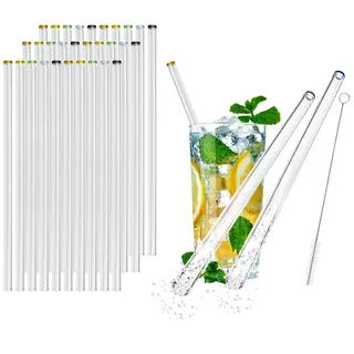 com-four® 30x Glasstrohalme 23 cm spülmaschinenfest und wiederverwendbar - Glas Strohhalme für Bubble Tea, Slush, Cocktail, Säfte - Trinkhalme Glas mit Reinigungsbürste - Glastrinkhalm