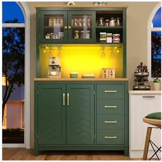 Flieks Küchenbuffet mit Arbeitsplatte in Holzoptik, LED-Beleuchtung, Glastür und Schublade (1-St., B105,5/T40/H180 cm) Hochschrank Küchenschrank Mehrzweckschrank Geschirrschrank Grün grün
