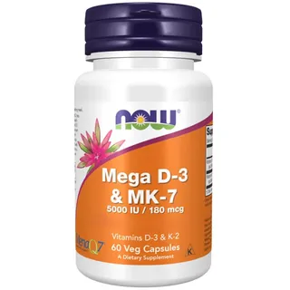 Now Foods Mega D-3 & MK-7, Vitamin D3 und K2, Depot, alle 5 Tage 1 Kapsel, hochdosiert, 60 Kapseln, Laborgeprüft, Glutenfrei, ohne Gentechnik